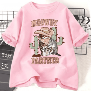 Tshirt med cowboykatt "Meowdy Partner" Rosa / S