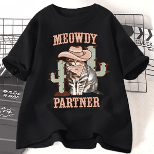 Tshirt med cowboykatt "Meowdy Partner" Svart / S
