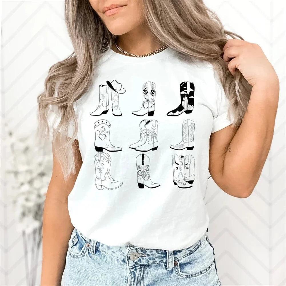 Tshirt med cowgirlboots och hatt Vit / XS