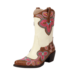Tvåfärgade Höga Cowboyboots med Blommigt Broderi för Dam Brun / 35