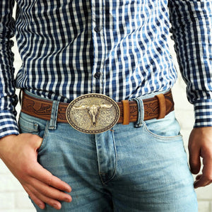 Westernbälte i Präglat Läder med Guldfärgat Longhorn-spänne