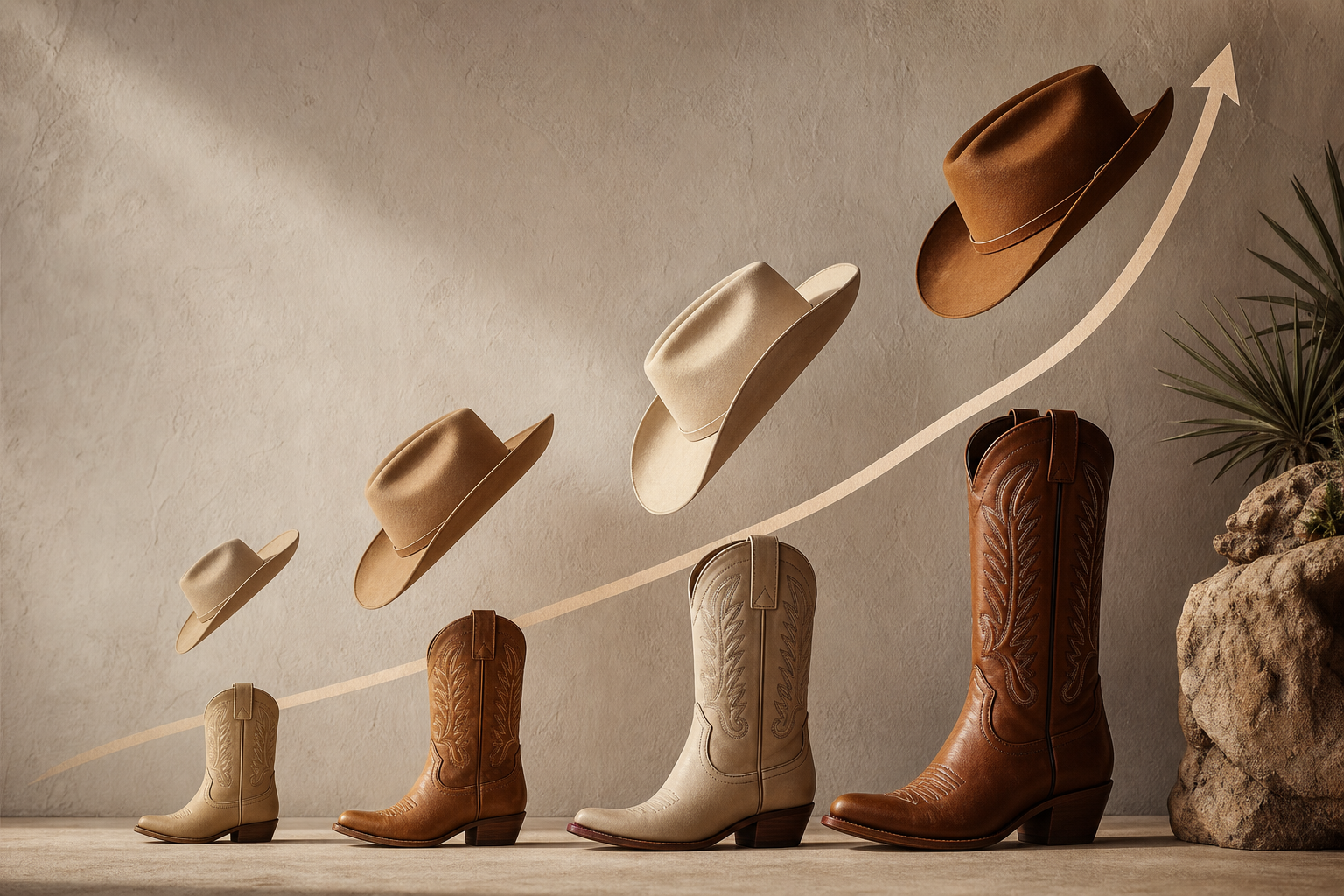 Graphique stylisé montrant des courbes de ventes en forte hausse avec des cowboy boots et chapeaux en illustration