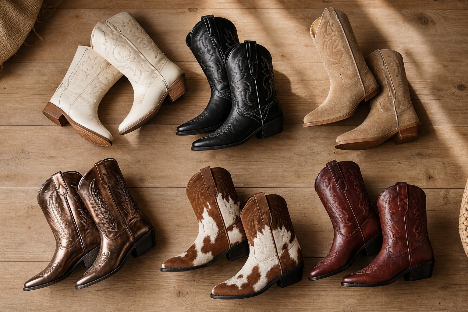 Flat lay de six paires de santiags sélectionnées pour 2026 — différents styles et coloris sur fond bois clair