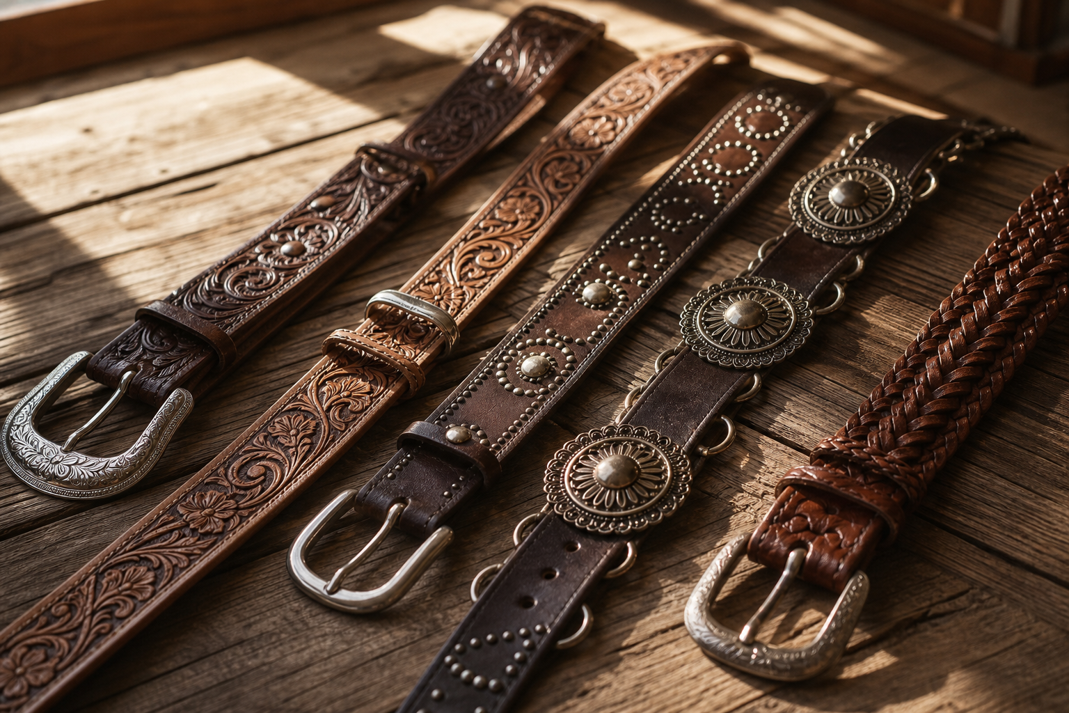 Sélection de ceintures western dépliées sur une surface en bois — tooled, cloutée, concho et tressée