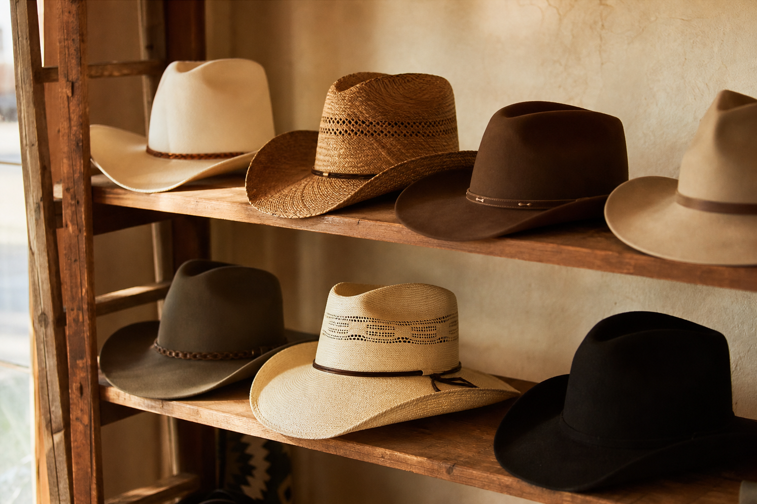 Collection de chapeaux cowboy de différentes formes et matières posés sur une étagère en bois