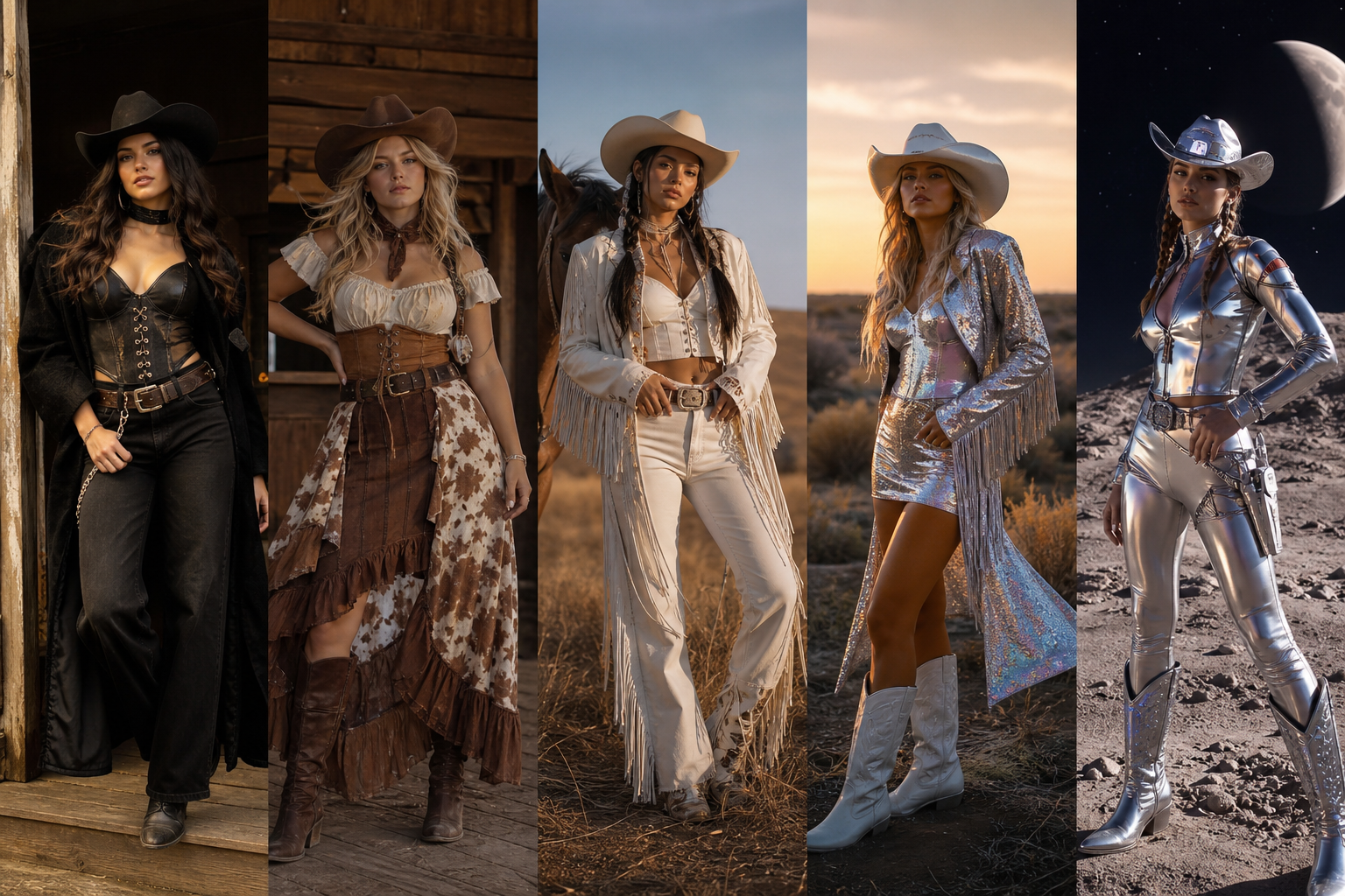 Cinq looks Halloween cowgirl différents alignés, de classique à space cowgirl