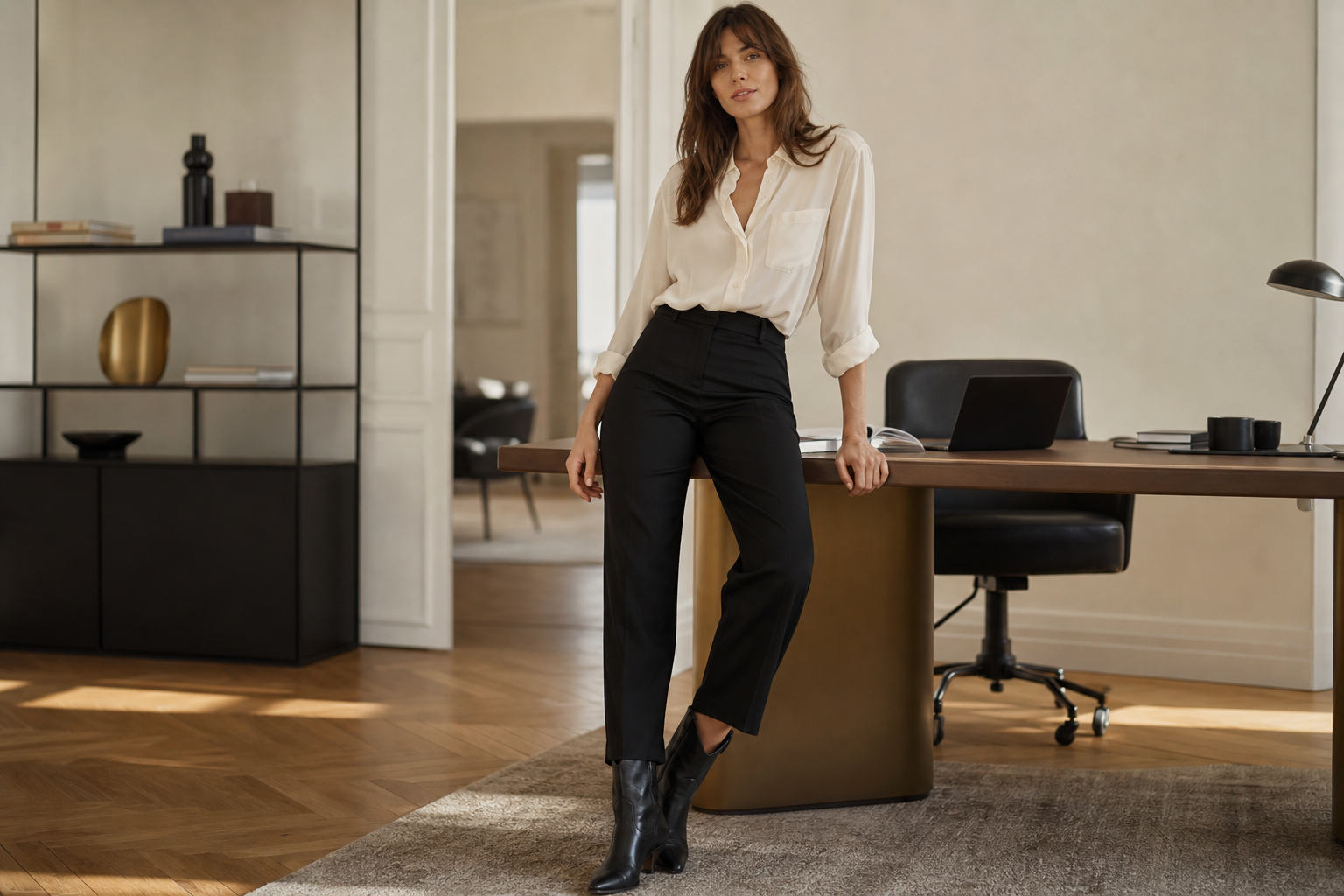 Tenue professionnelle western : santiags noires sobres, pantalon droit noir et chemisier, contexte bureau