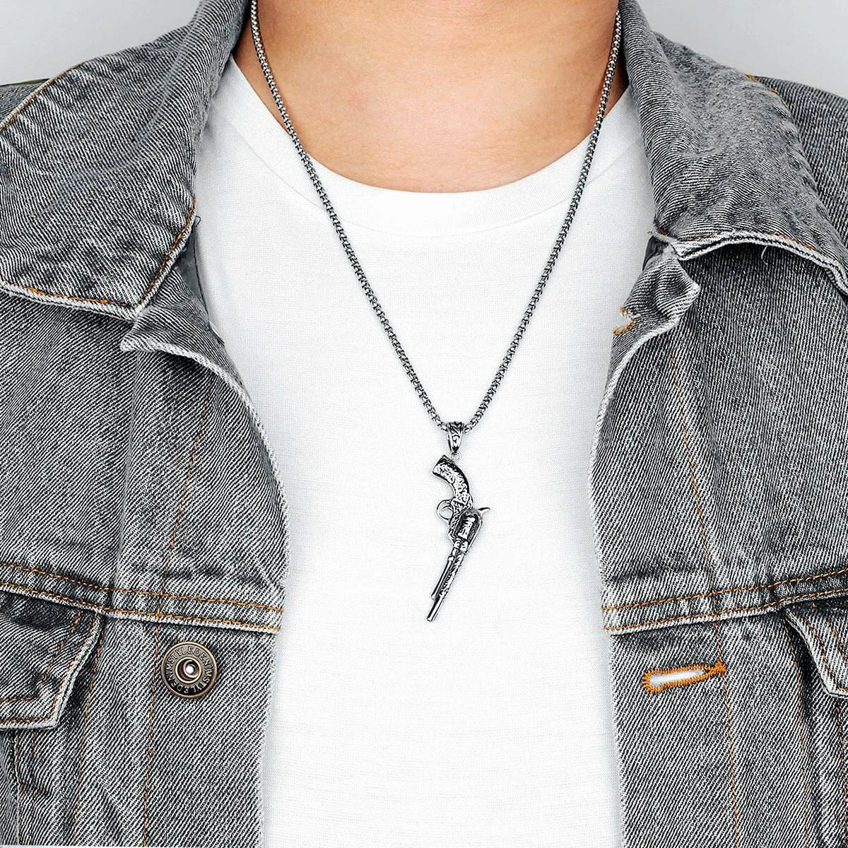 316L Stainless Steel Vintage Revolver Necklace Retro Pistol Men Pendant Chain Rock Punk for Boyfriend Biker Rider Jewelry Gift