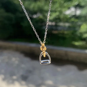 925 Sterling Silver Two Tone Gold Plated Stirrup Pendant Necklace - High Quality Equestrian Jewelry two tone / 41 cm with 5cm