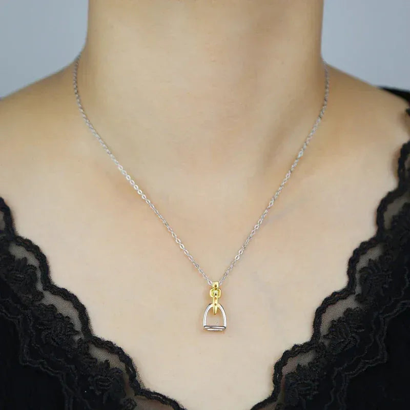 925 Sterling Silver Two Tone Gold Plated Stirrup Pendant Necklace - High Quality Equestrian Jewelry two tone / 41 cm with 5cm