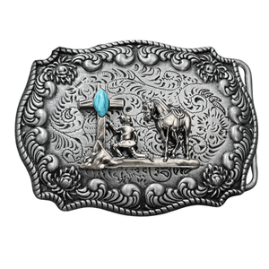 Bältespänne silverfärgat med turkos sten och westernmotiv Kors och Häst