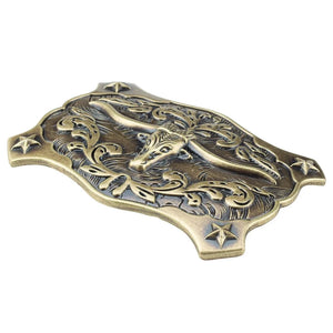 Bältesspänne Longhorn med Stjärnor och Snirklig Gravyr Antik Brons Antik brons