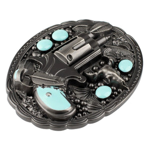Bältesspänne med revolver turkos stenar western stil Antiksilver