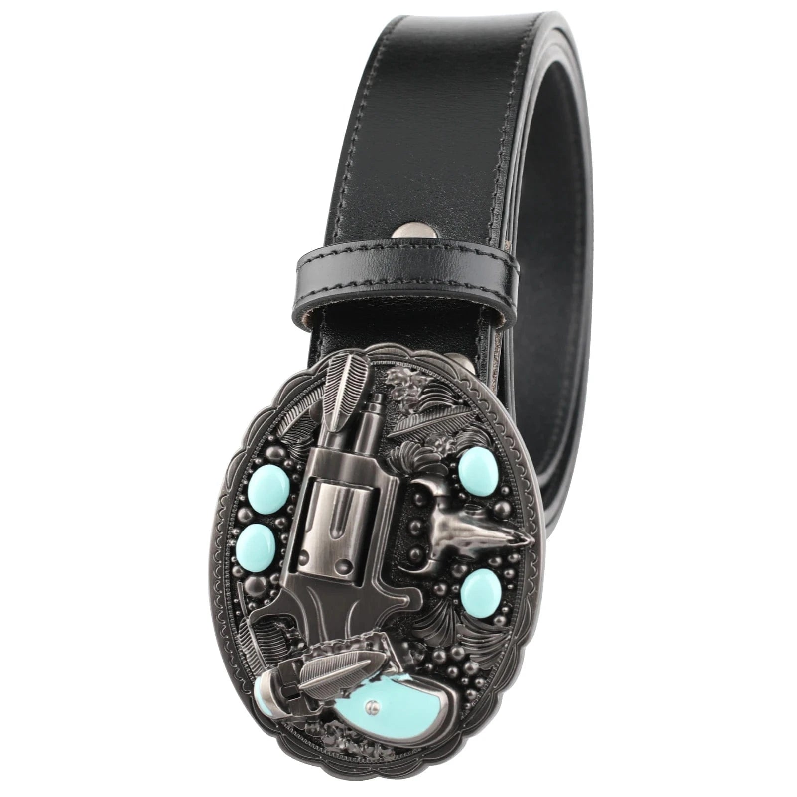 Bältesspänne med revolver turkos stenar western stil Antiksilver