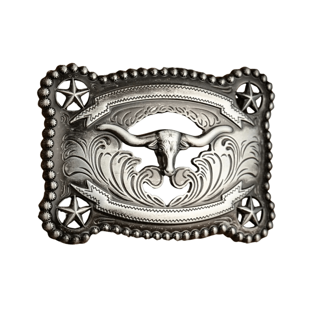Bältesspänne med tjurhuvud och stjärnor retro western stil Antiksilver