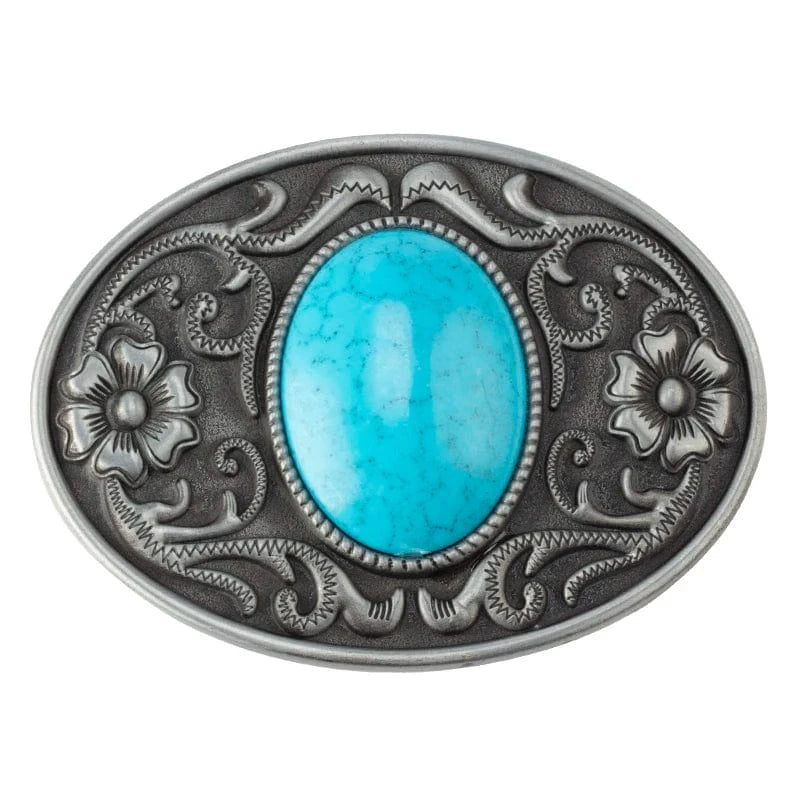 Bältesspänne med turkoser och detaljerat guldmönster Oval blommig silver