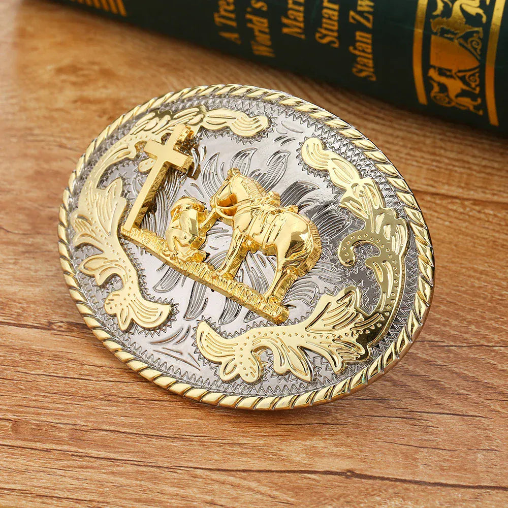 Bältesspänne western med kors och hästmotiv Silver och guld
