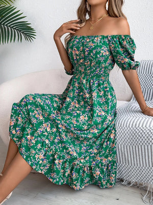 Blommig off-shoulder midiklänning
