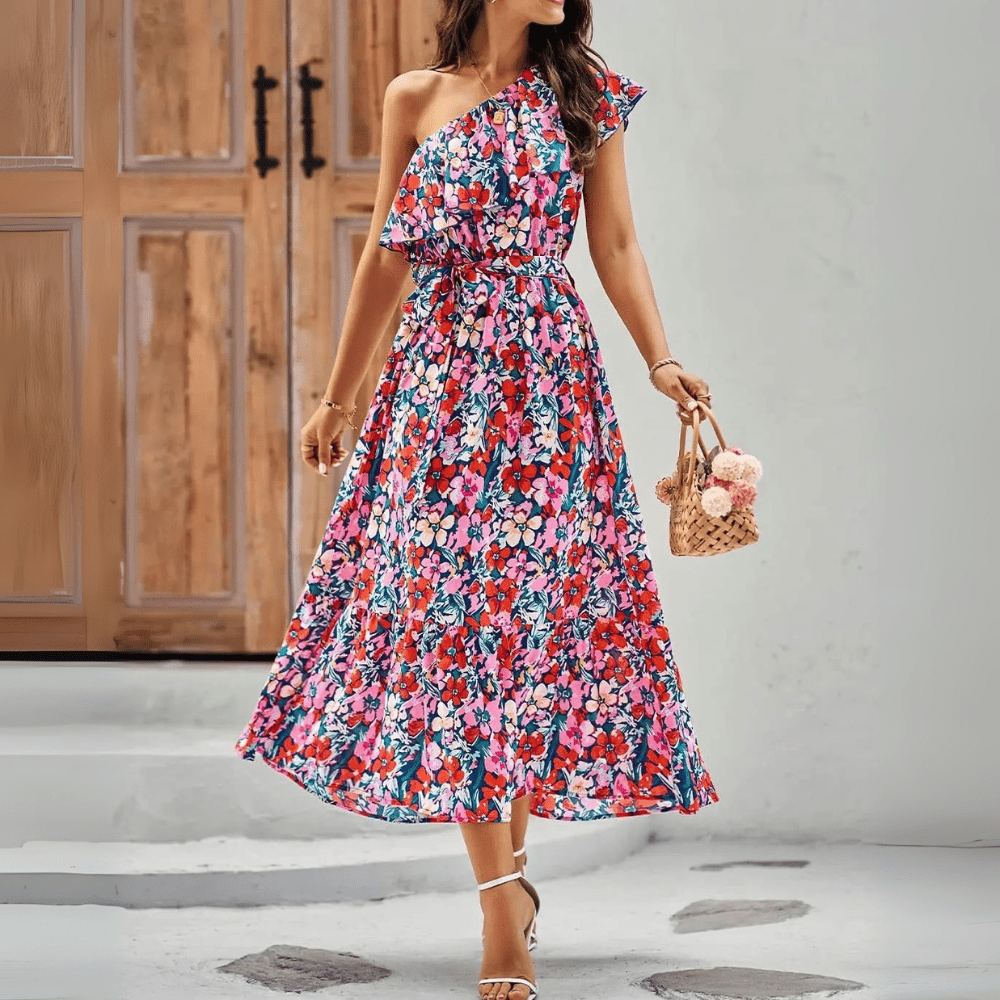 Blommig one shoulder-klänning