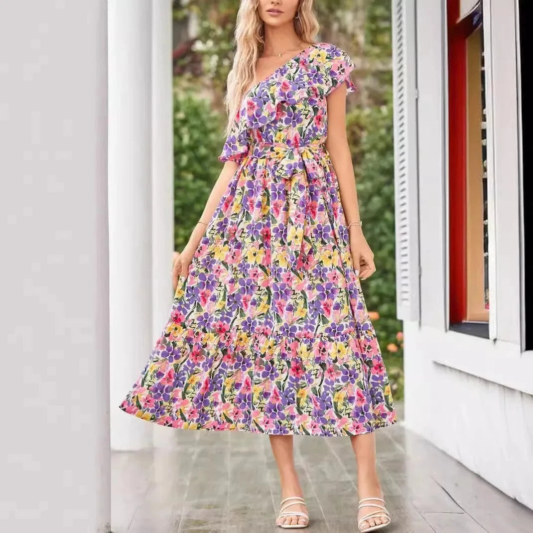 Blommig one shoulder-klänning Lila / S