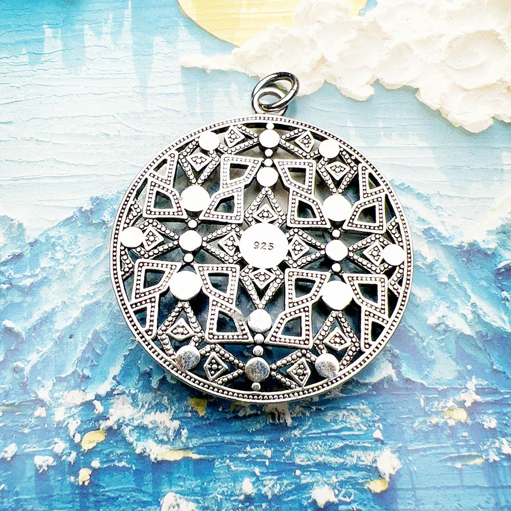 Blue Stone Round Ornament Pendant Brand New Jewelry Vintage 925 Sterling Silver Accessories Gift For Women