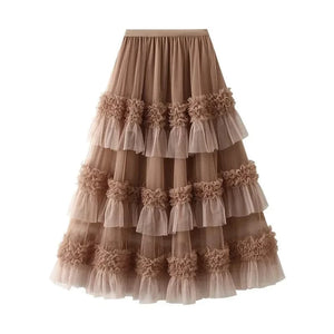 Bohemisk maxikjol av tyllvolanger Khaki / One Size