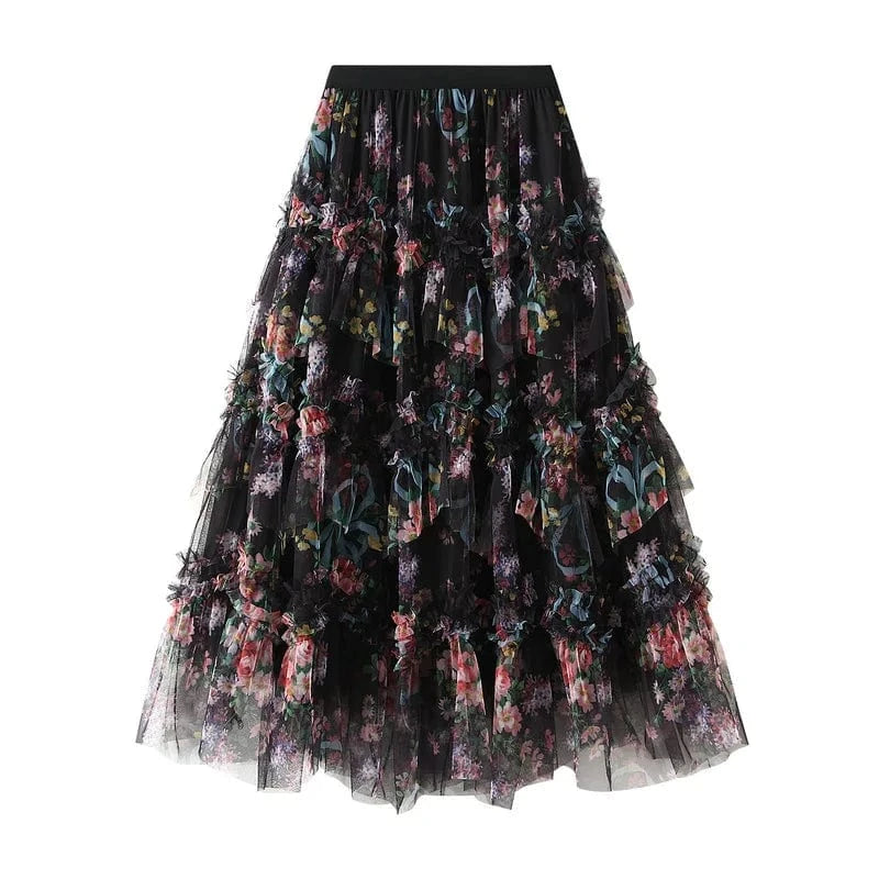 Bohemisk tyllkjol med blommigt akvarellmönster Svart / One Size