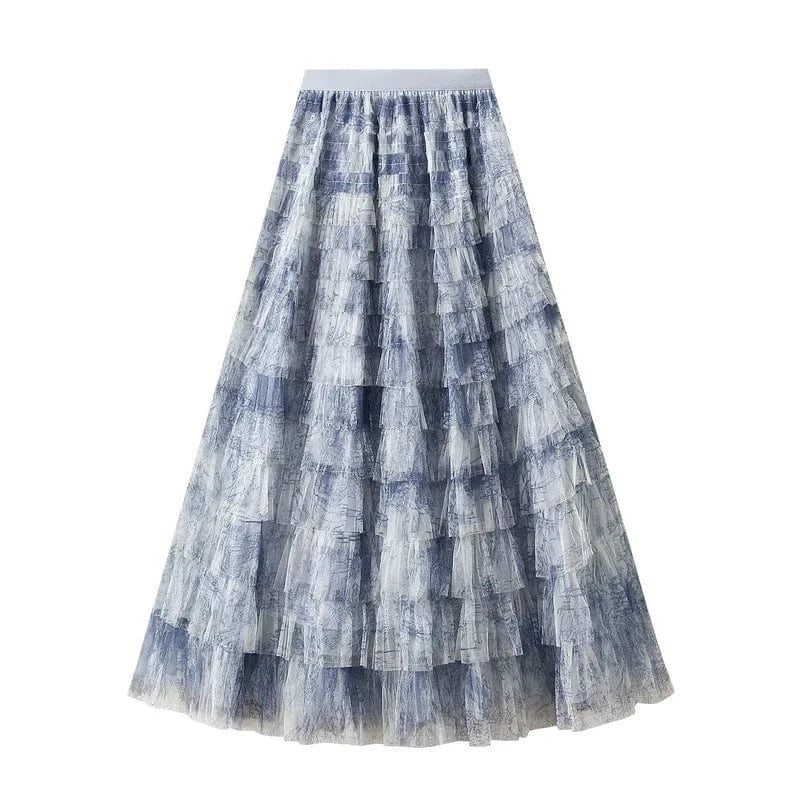 Bohemisk tyllkjol med tie-dye mönster Blå / M