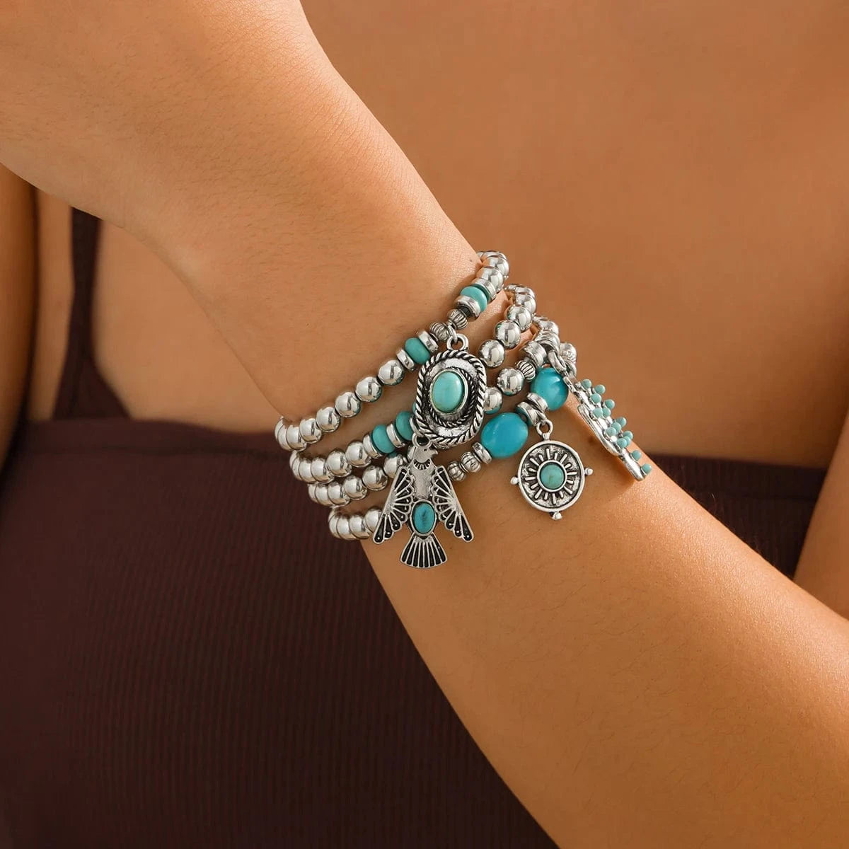 Boho Armband med Western Berlocker Silver och turkos 1