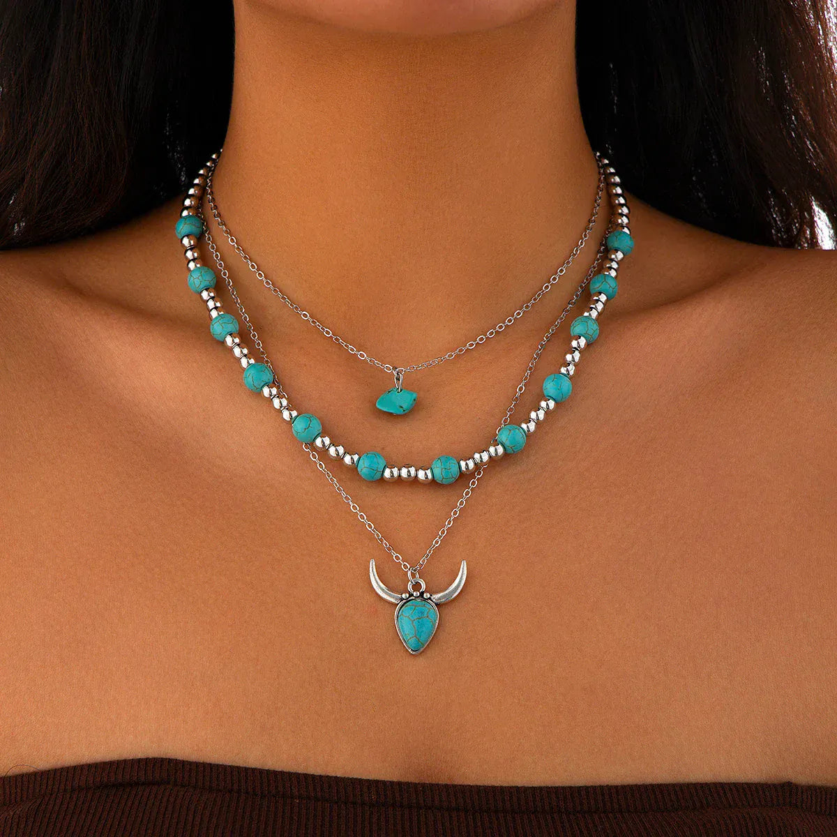 Boho halsband med western-berlocker Silver och turkos 2