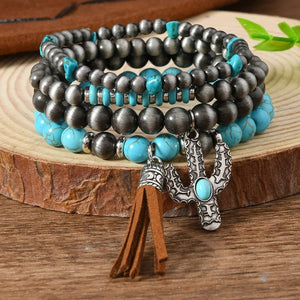 Boho Läderarmband med Turkosa Pärlor och Berlocker Stil 4st pärlor