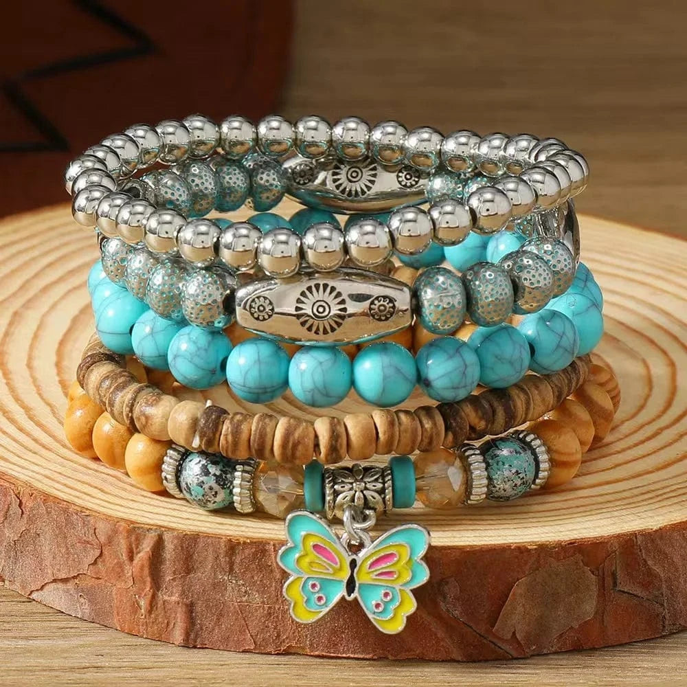 Boho Läderarmband med Turkosa Pärlor och Berlocker Stil 5st fjäril