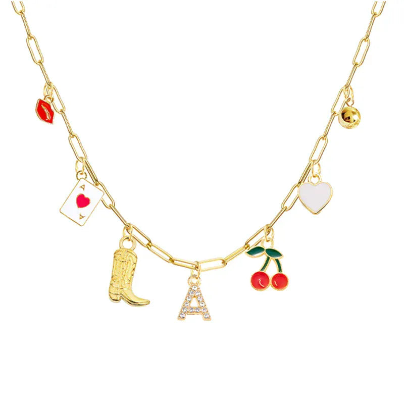 Boho Red Lips Cherry Heart Letter Charm Necklace Gold Plated Boots Crystal Initials Necklaces Cowgirl Beach Jewelry A