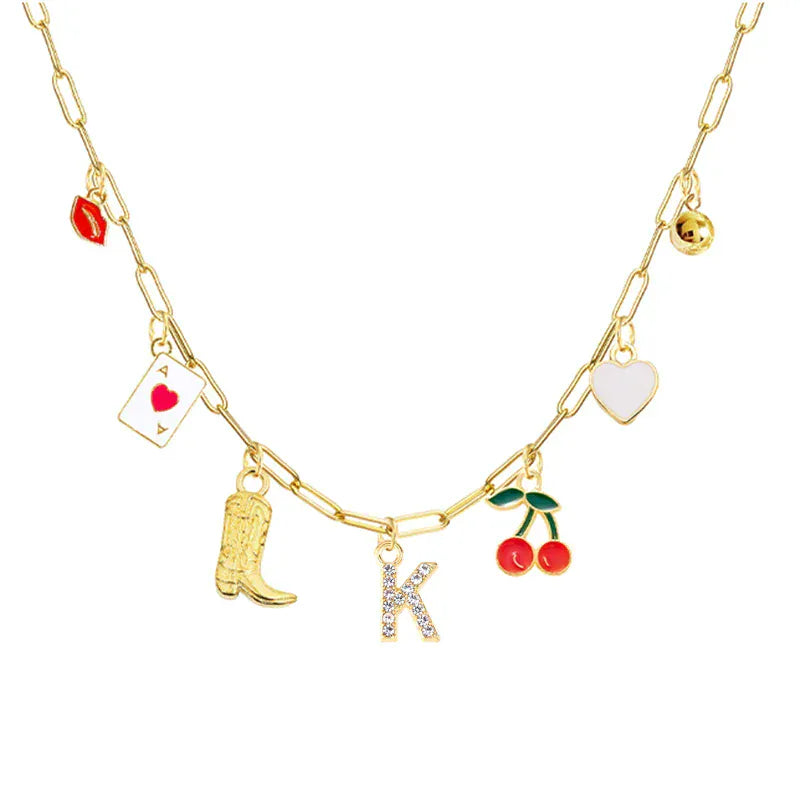 Boho Red Lips Cherry Heart Letter Charm Necklace Gold Plated Boots Crystal Initials Necklaces Cowgirl Beach Jewelry K