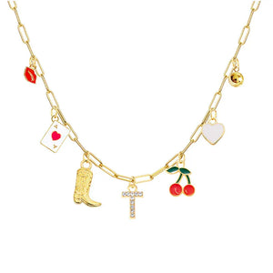 Boho Red Lips Cherry Heart Letter Charm Necklace Gold Plated Boots Crystal Initials Necklaces Cowgirl Beach Jewelry T