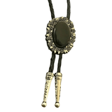 Bolo tie i äkta läder med vintageblomma och steninfattning Svart