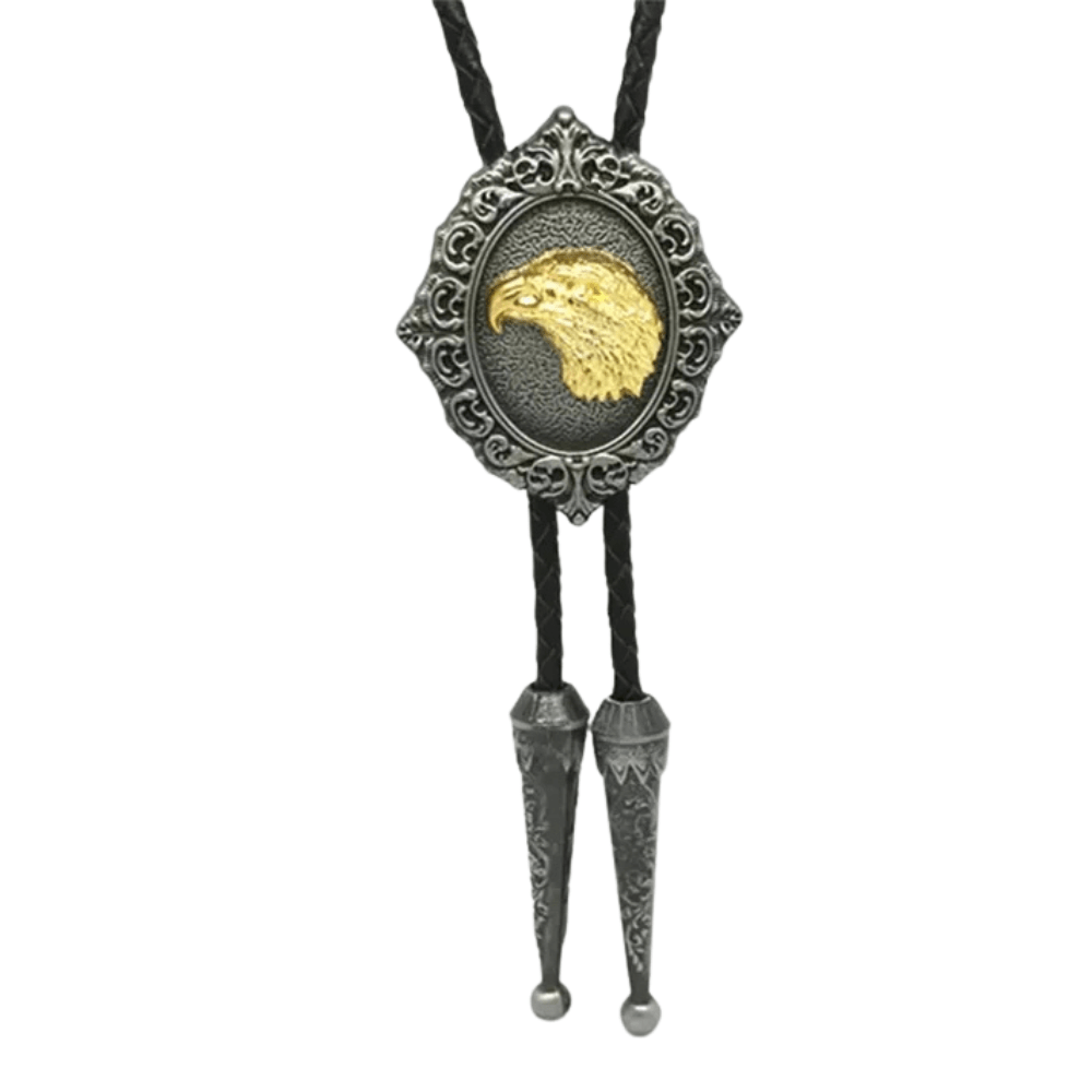 Bolo tie i antiksilver med djurmotiv och snidad ram Silver guld Örnshuvud