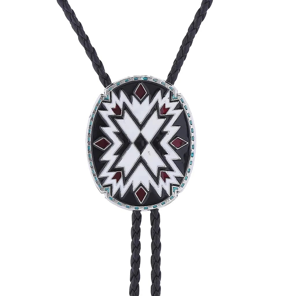 Bolo tie i justerbart läder med färgstarkt totemmönster Svart