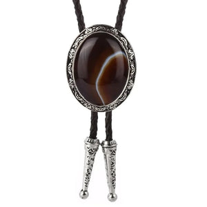 Bolo tie i läder med naturlig sten och rund medaljong Mörkbrun agate