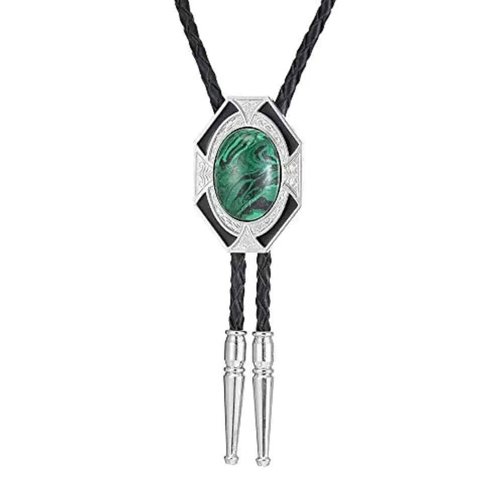 Bolo tie i läder med sexkantig ram och färgad sten Grön svart