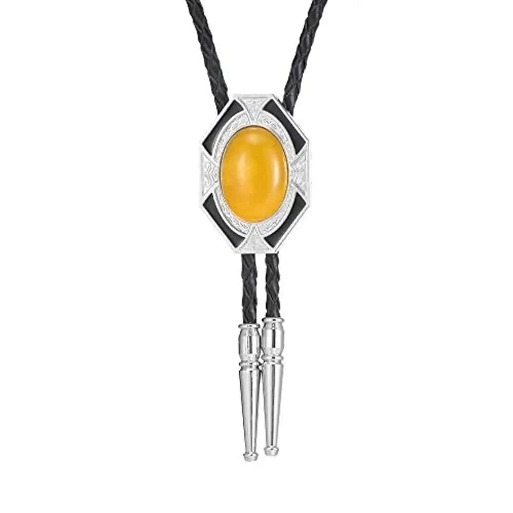 Bolo tie i läder med sexkantig ram och färgad sten Gul