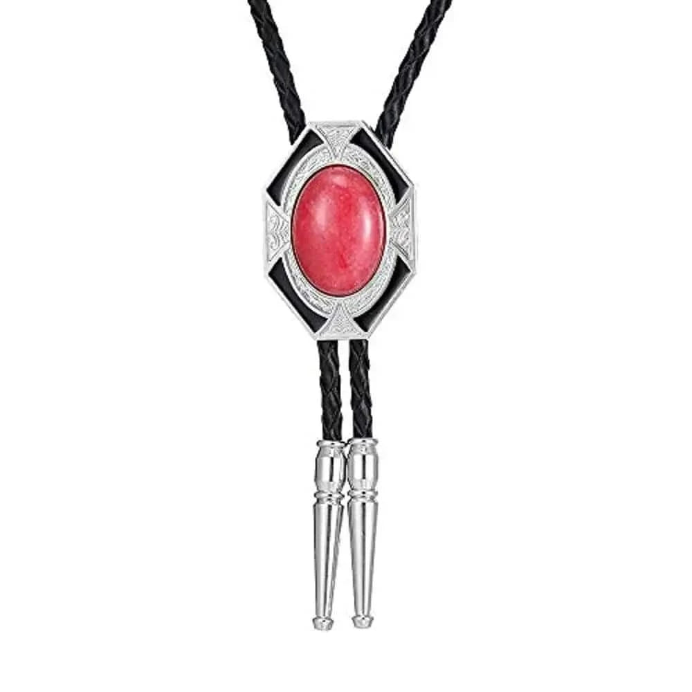 Bolo tie i läder med sexkantig ram och färgad sten Röd