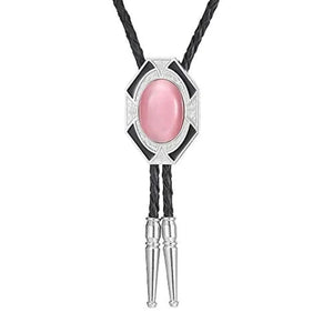 Bolo tie i läder med sexkantig ram och färgad sten Rosa