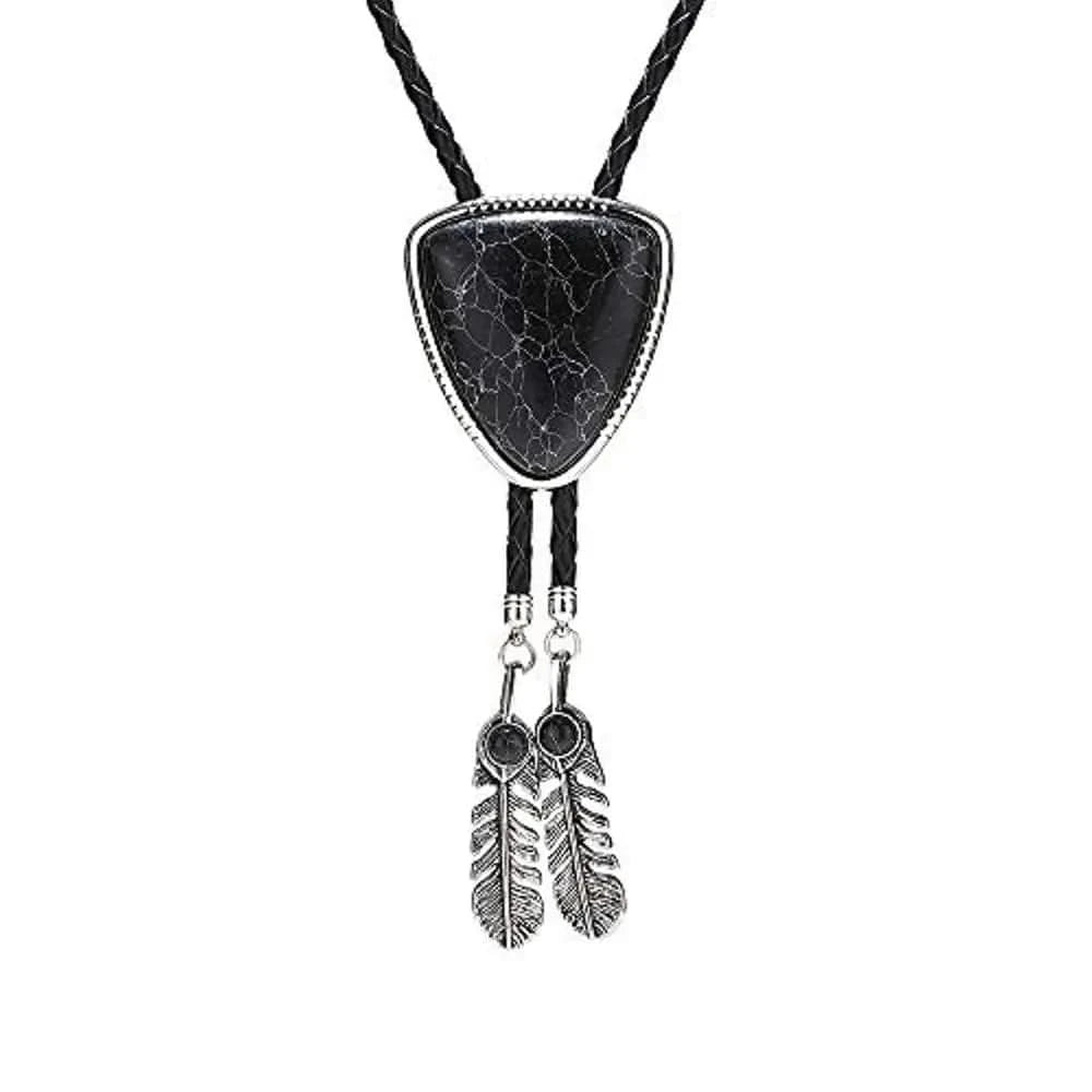Bolo tie i triangelform med fjäderdetalj och natursten Svart