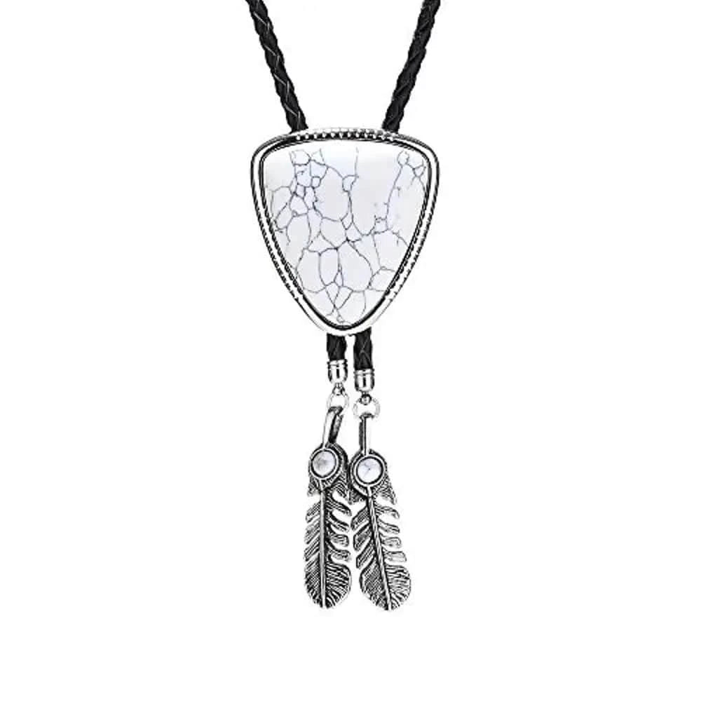 Bolo tie i triangelform med fjäderdetalj och natursten Vit
