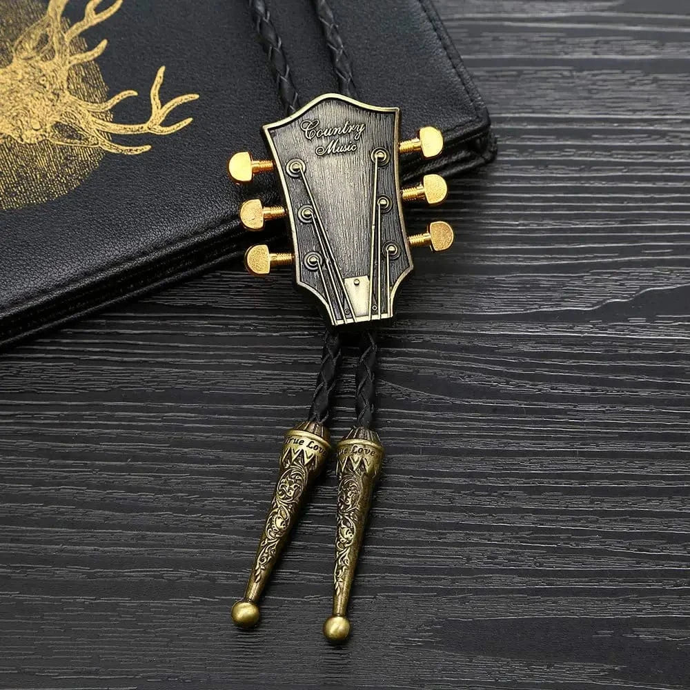Bolo tie med gitarrhuvud i läder