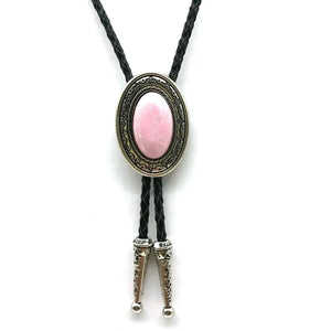 Bolo tie med oval sten och flätat läderband Rosa