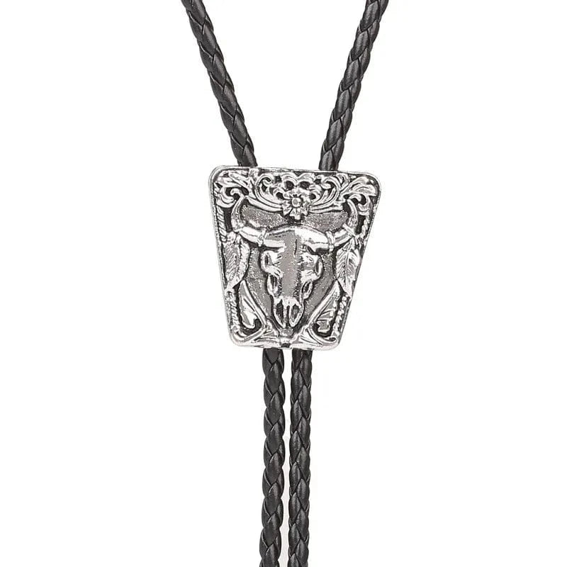 Bolo tie med oxskalle i metall och läderband