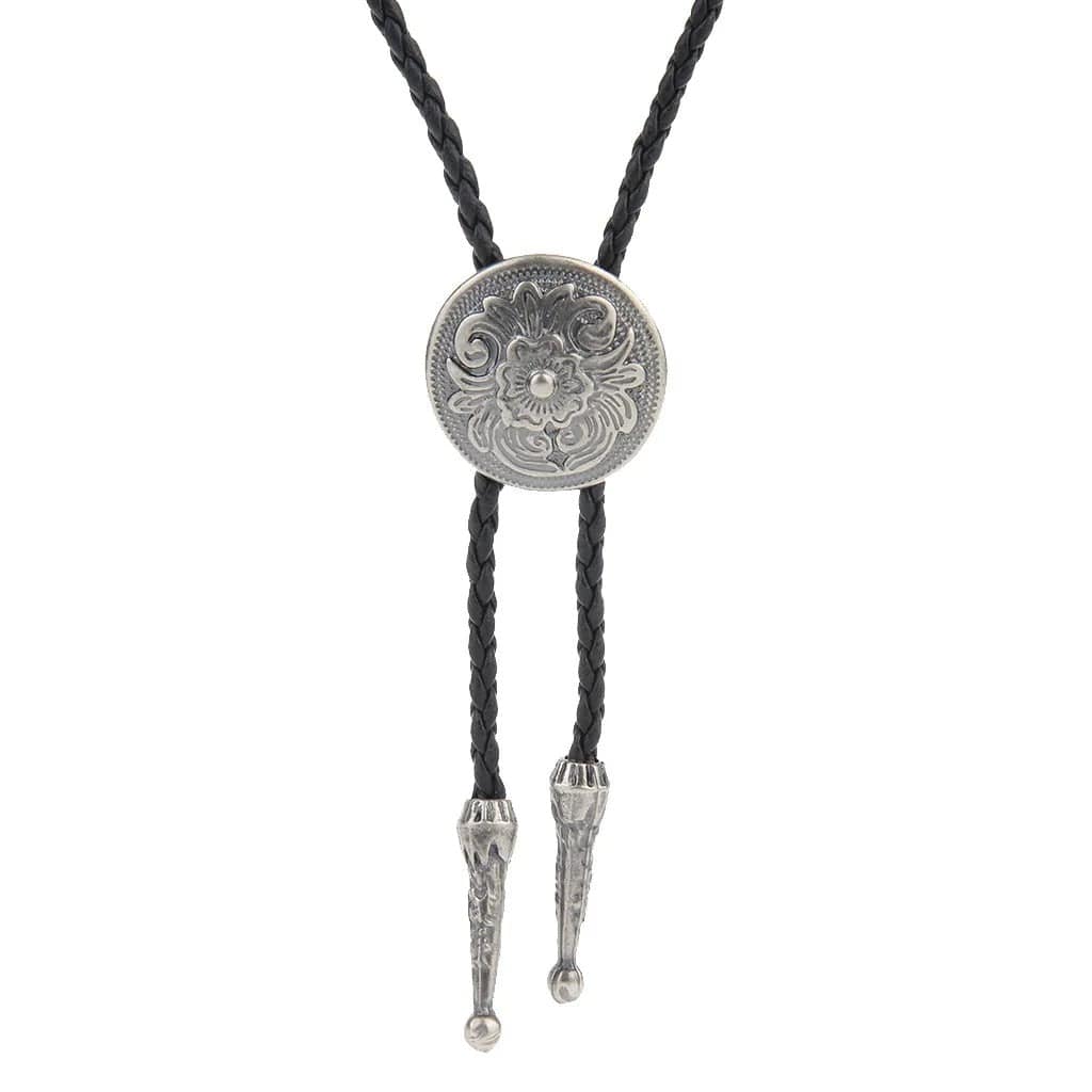 Bolo tie med rund blommönstrad silvermedaljong Silver