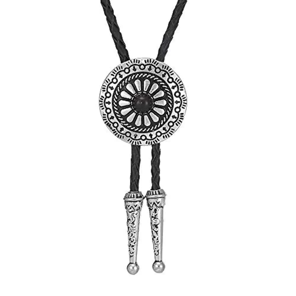 Bolo tie med runt metallhänge och lädersnöre Svart